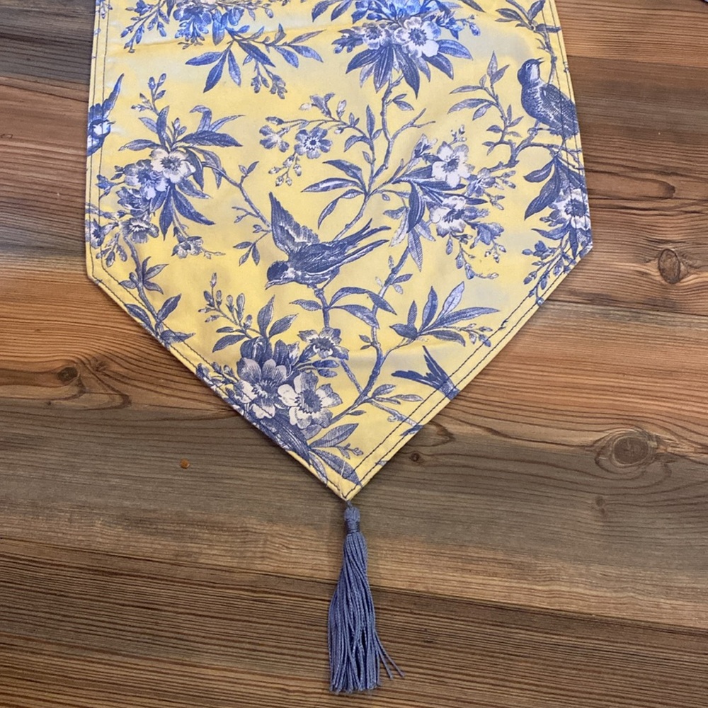 French Country Yellow and Blue Toile Table Runner with Tassels 6’ long Vintage - Picture 7 of 12